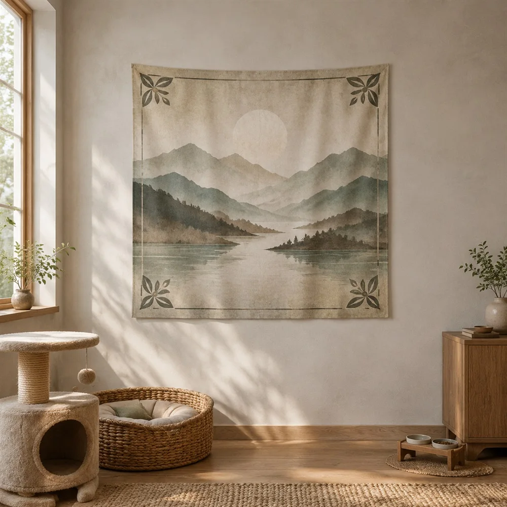 VIKAMA Muted Mountain Mist Corner Motif Tapestry Wall Hanging, Wabi Sabi Wall Decor Tapestries for Bedroom Nursery Kids Room
