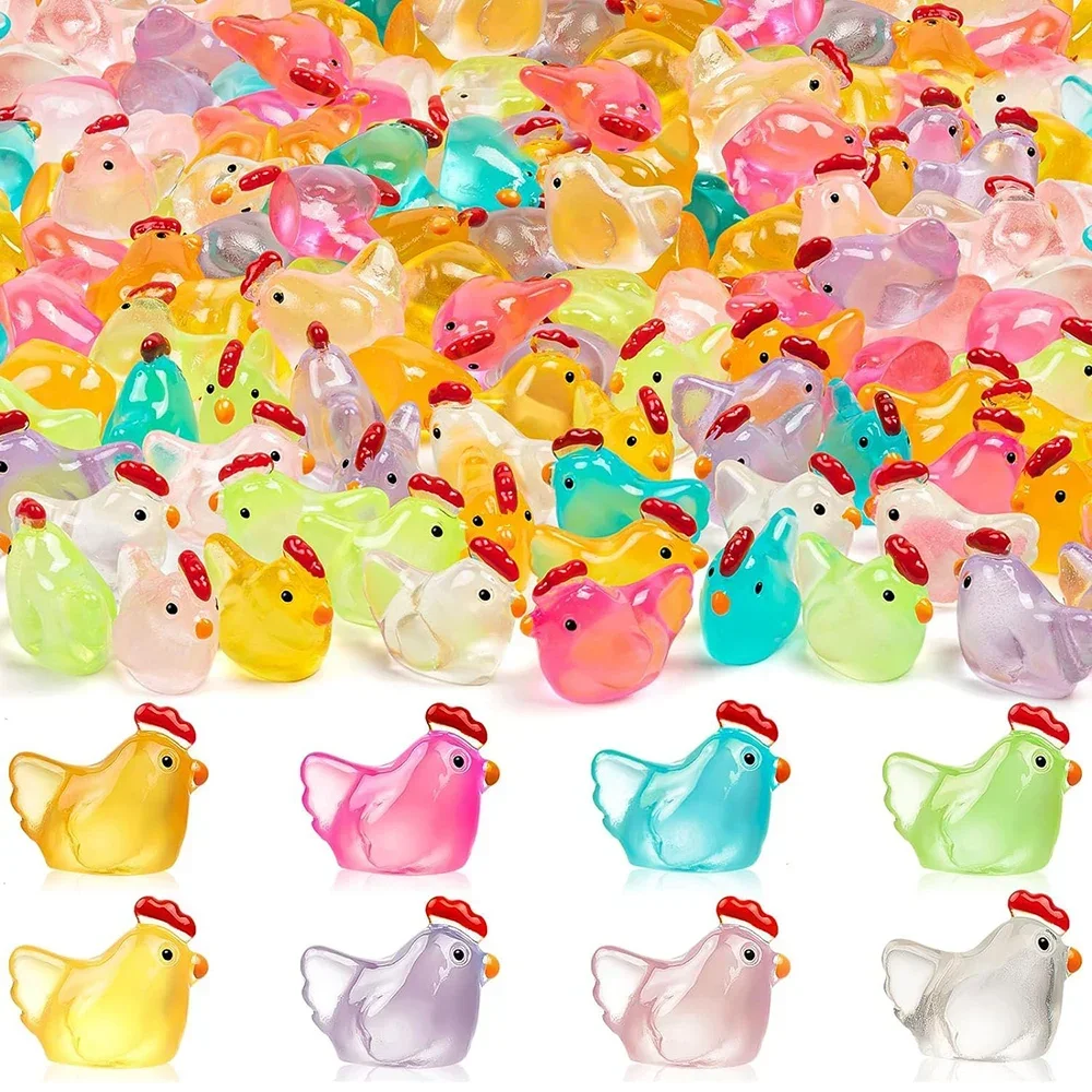 30 Uds. Mini figuritas luminosas de pollo, animales en miniatura de resina, pollos pequeños que brillan en la oscuridad para casa de muñecas, micropaisaje