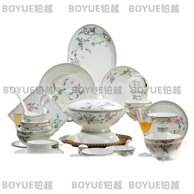 Tangshan Bone China Dinnerware Set Underglaze Color Ceramic Bowls Plates Chopsticks New Chinese Style Household Tableware