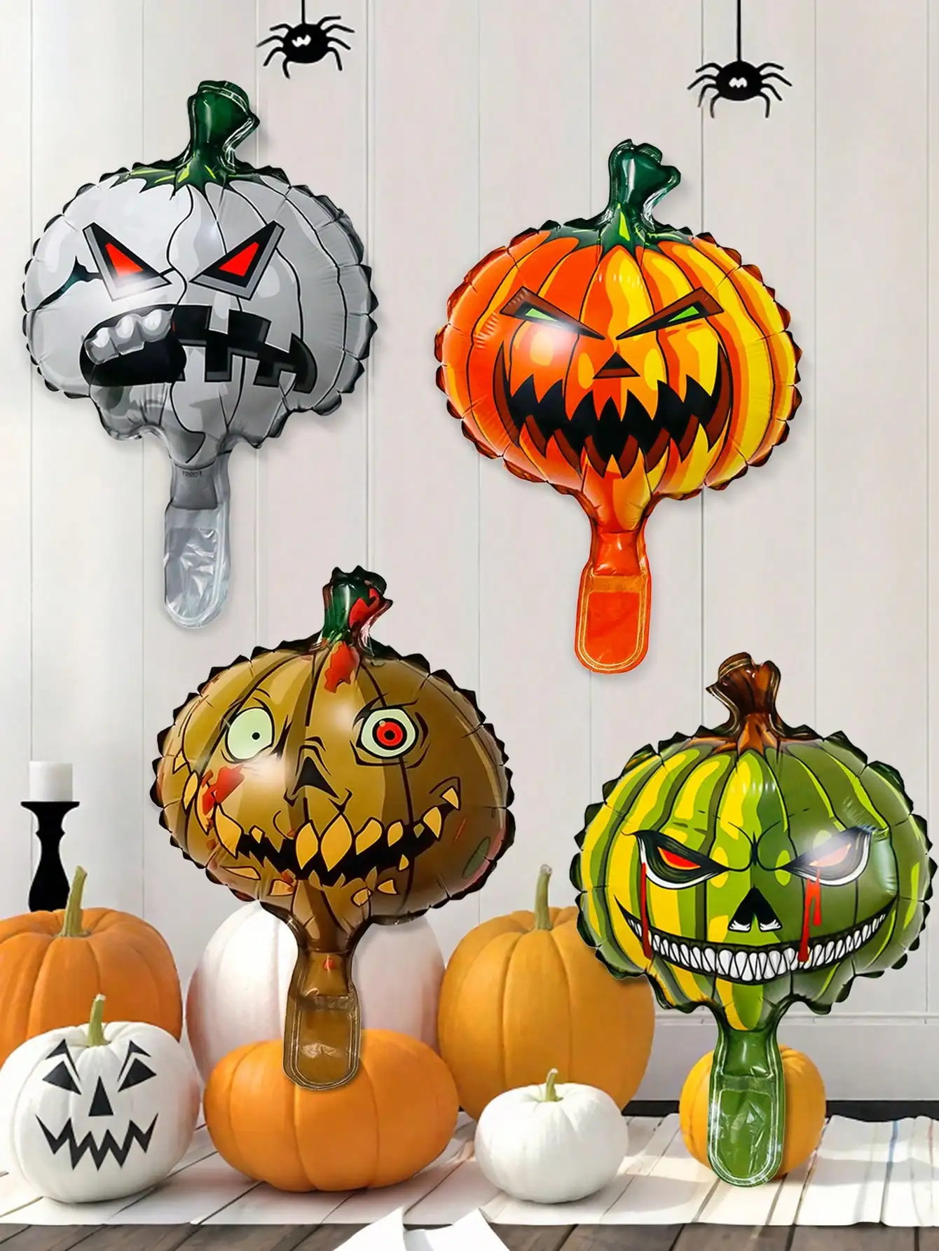 4 Stück Mini-Halloween-Themen-Aluminiumfolienballons: Geister, Blutige Hände, Kürbis, Totenkopf – Halloween-Party-Dekorationen und Geschenke