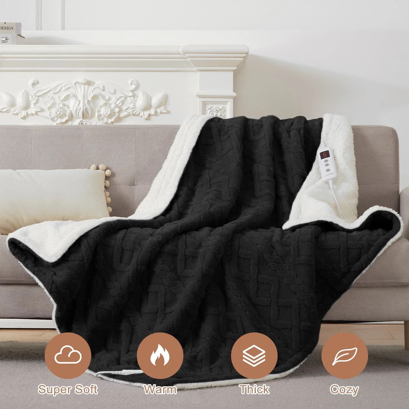 Electric Heated Blanket Throw Size 50"x60" Hick Tufted Sherpa Electric Blanket with 10 Adjustable Heat Settings ETL Certified Fast Heating 10 Hour Timer Auto Shut Off & Overheat Protection & Machine Washable