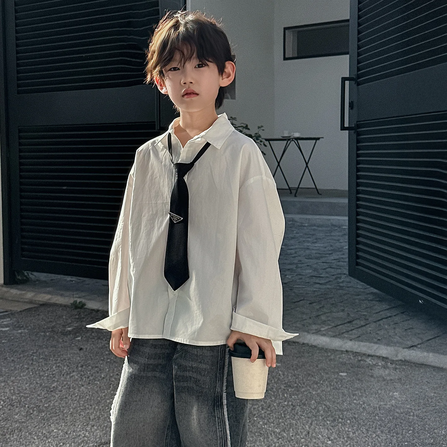 

Children's Clothing Pure White Shirts New Korean Style Simple and Trendy Casual Tops Loose Collar Base Layer Shirts