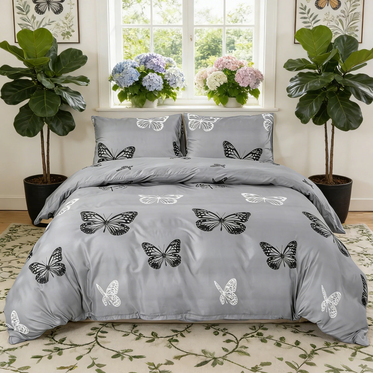 Black and White Butterfly Print Three-Piece Quilt Cover Set, Skin-Friendly and Breathable Bedding, Suitable for All Seasons