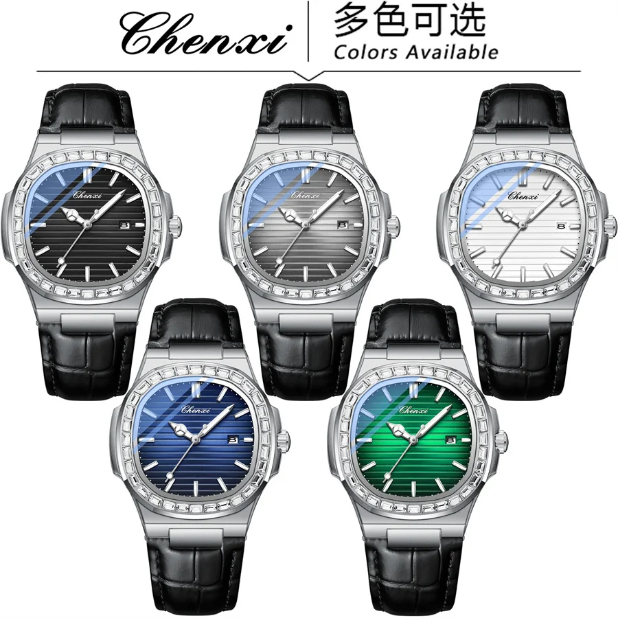 Chenxi 8222S เพชรผู้ชายนาฬิกาควอตซ์หรูหรานาฬิกาข้อมือหนังกันน้ําวันที่ชายนาฬิกานาฬิกาของขวัญ