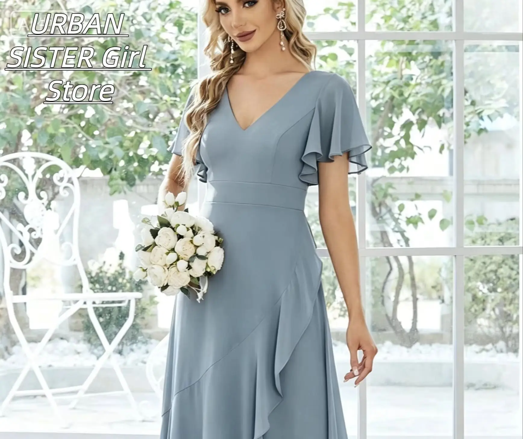 Graublaues, tief ausgeschnittenes Brautjungfernkleid aus Chiffon mit Rüschenärmeln, hoher Taille, asymmetrischem Rüschenschlitz und langem Schnitt, elegantes Abendkleid für Hochzeitsgäste – Detail 2