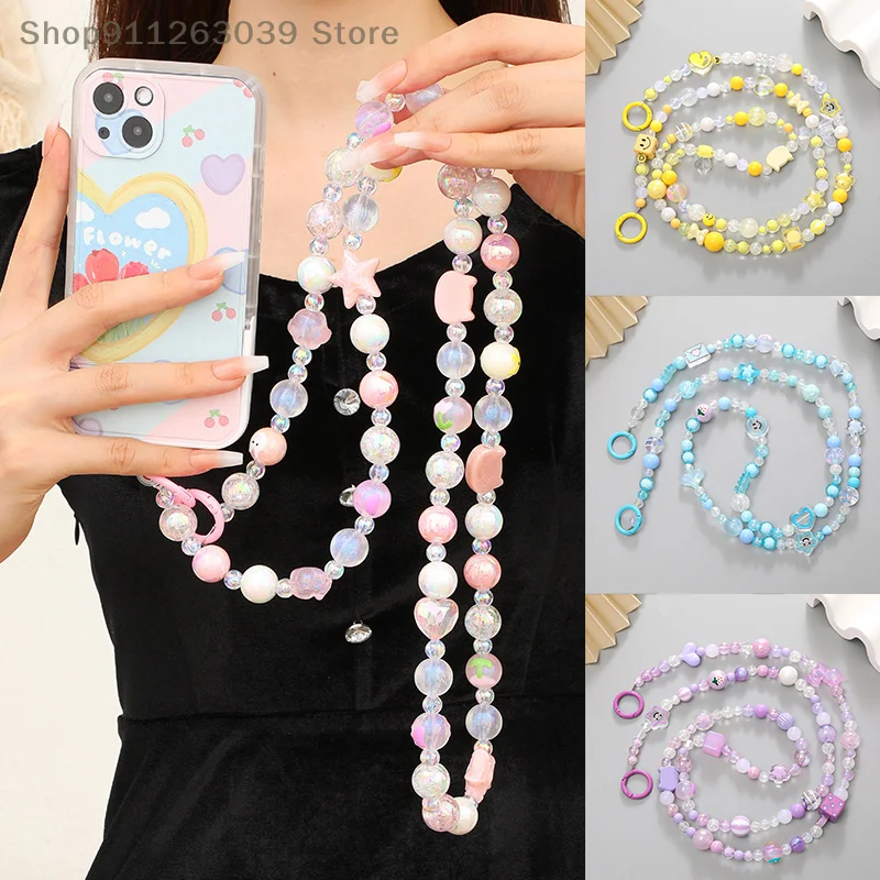 1 Pc Candy Color Beaded Crossbody Phone Case Lanyard Girls Bag Shoulder Strap Chain Phone Case Crossbody Chain