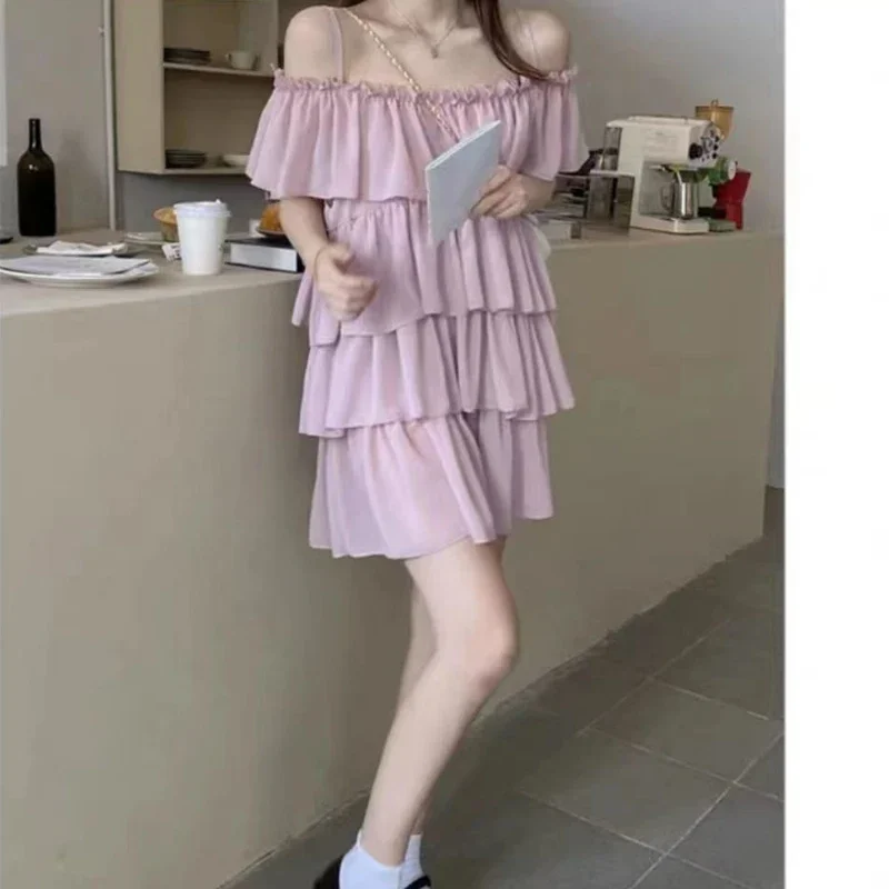 Sweet Summer New Off Shoulder Chiffon Slip Dress Solid Pleated Loose All-match Fashion Mini Dress Korean Sexy Women Clothing