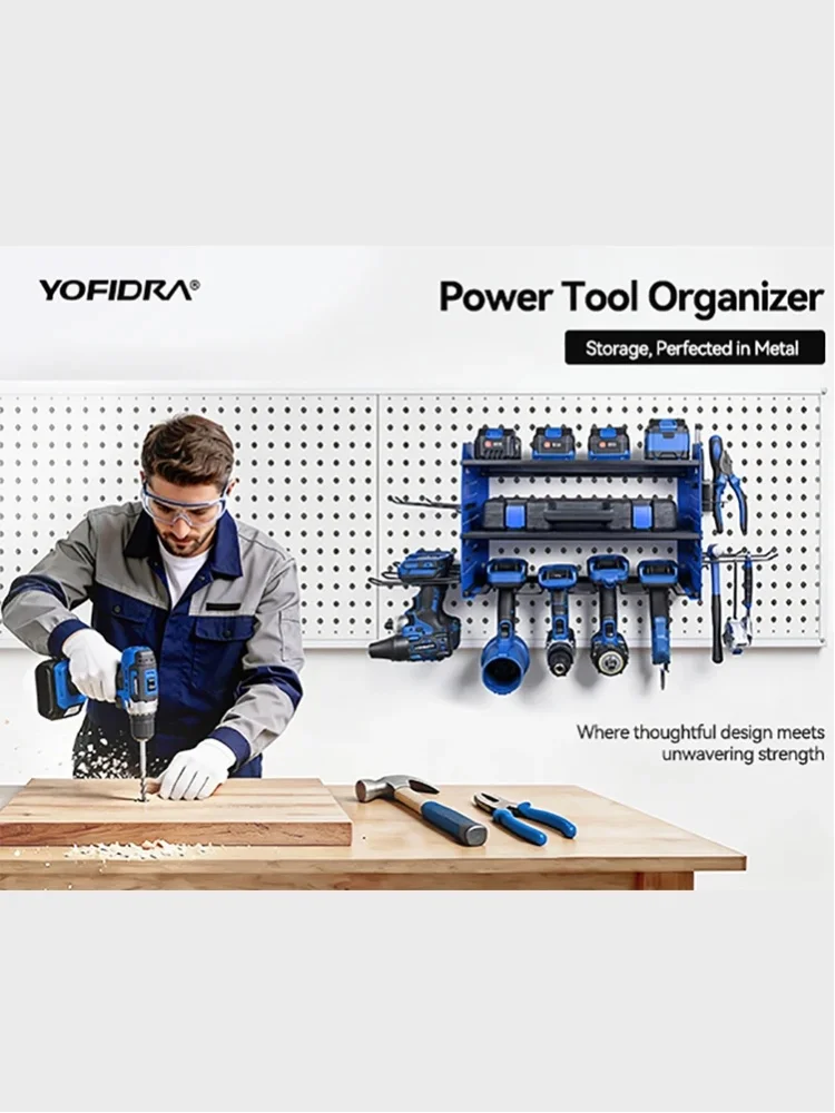 YOFIDRA 3-stufiger Elektrowerkzeug-Organizer zur Wandmontage, robustes Metall-Werkzeugregal, Bohrmaschinenhalter, Werkzeugaufbewahrung für Werkstatt-Lochplatten