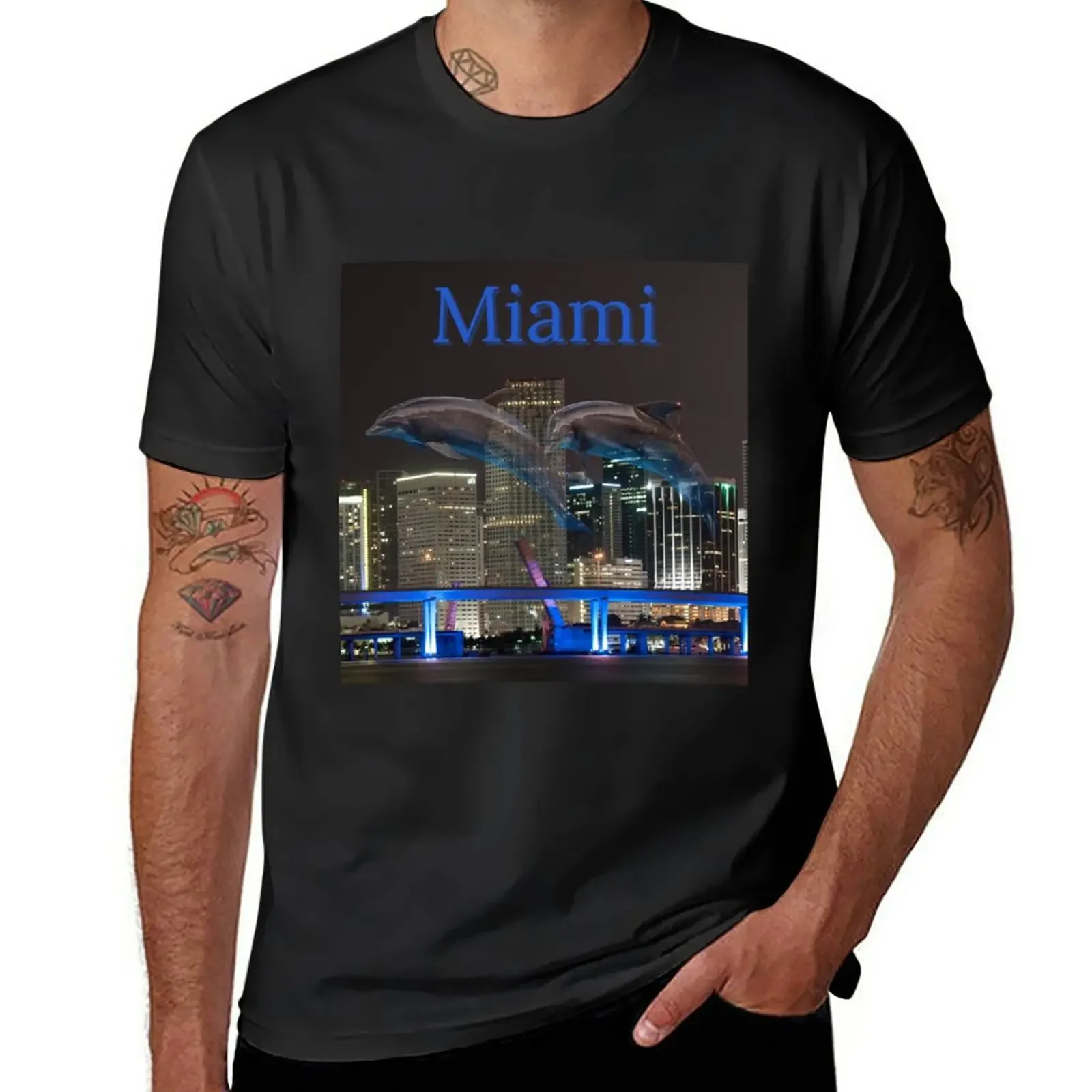 New miami, city of miami with skyline, and dolphins in background, blue letters T-Shirt Tee shirt blondie t shirt mens clothes