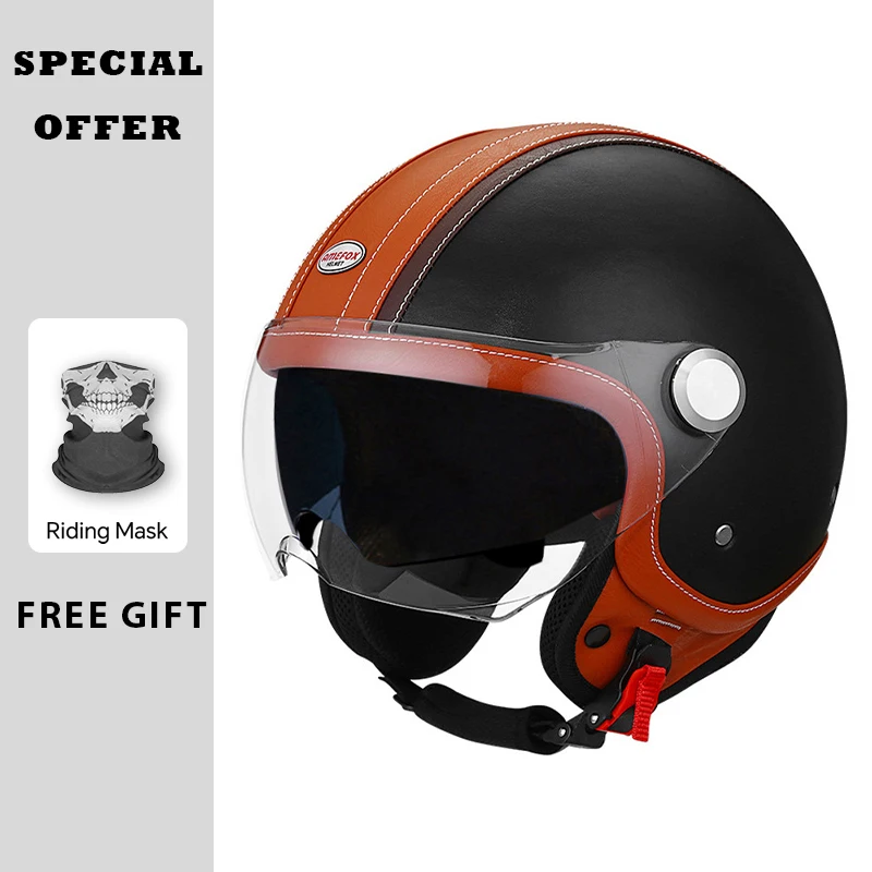 

DOT Approved Vintage Black Brown Leather Open Face Helmet Daul Lens Motorcycle Helmets Double Visor Retro 3/4 Jet Half Helmet