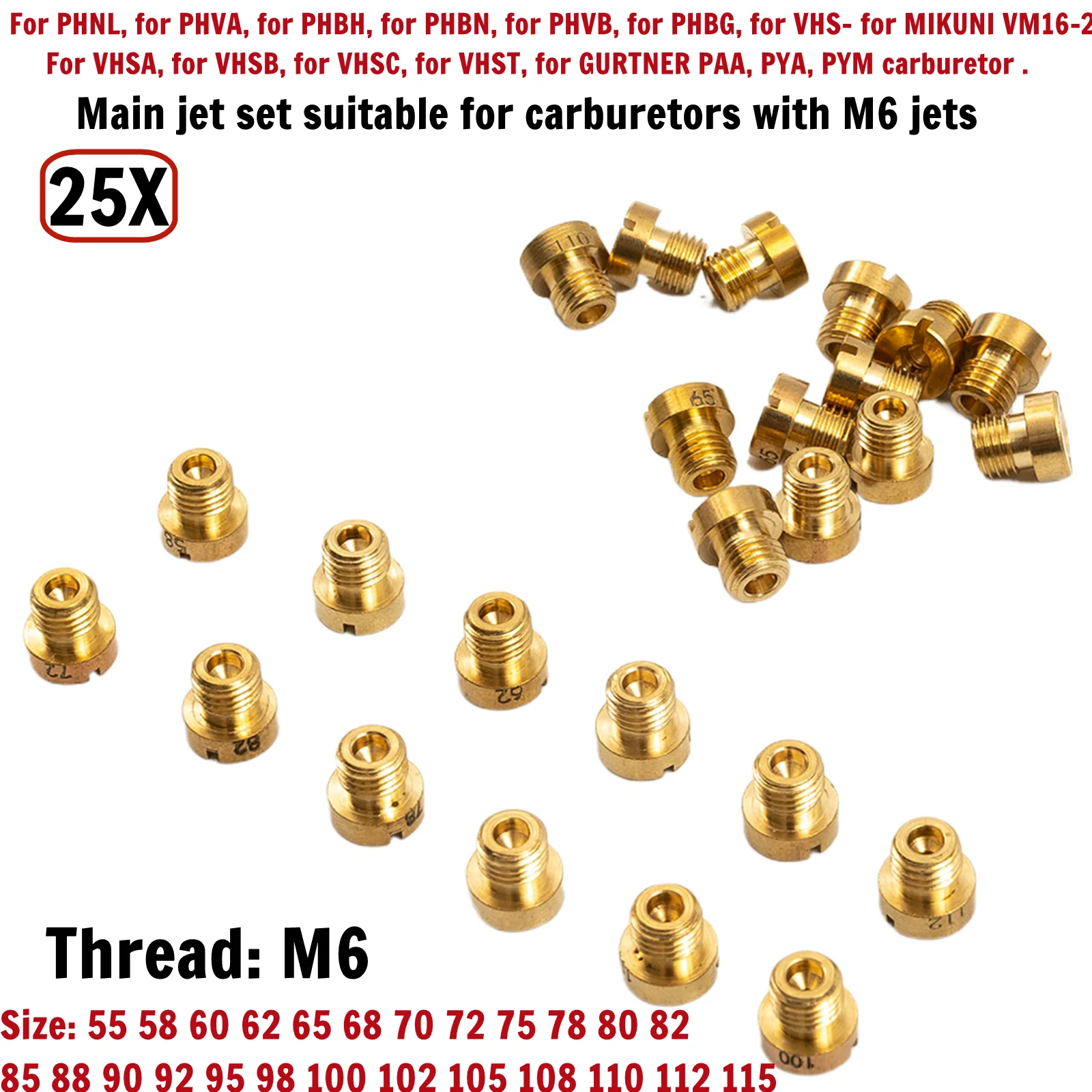 25pcs Main Jet Set 55-115 M6 for Dellorto & Mikuni Carburetors 6mm Main Jet Set for PHVA, PHBH, PHBN, PHVB, PH