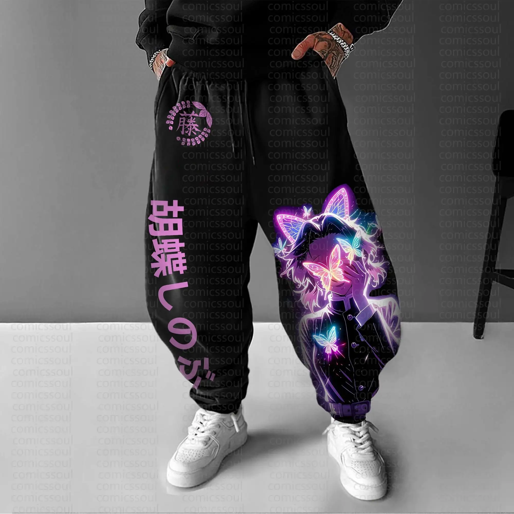 Demon Slayer Kimetsu No Yaiba Shinobu Kocho Zwarte Hoodie Paarse Vlinder Glow Print Anime Stijl Tweedelige Outfit Mouw Kanji