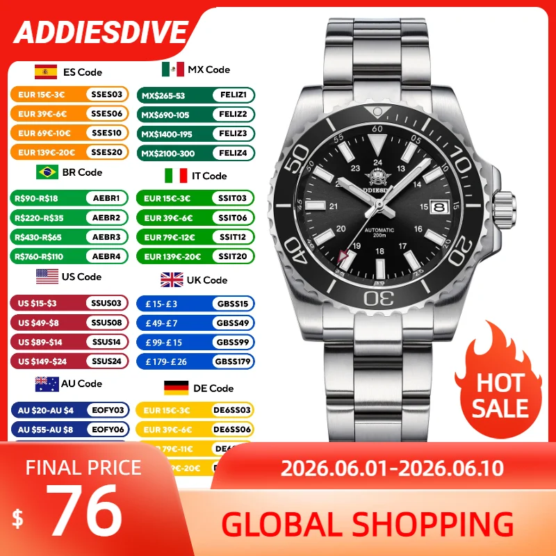 

ADDIESDIVE AD2504 Diving Watch of Men Japan 8215 Automatic 200M Waterproof Stainless Steel Mechanical Luminous Sapphire Watches