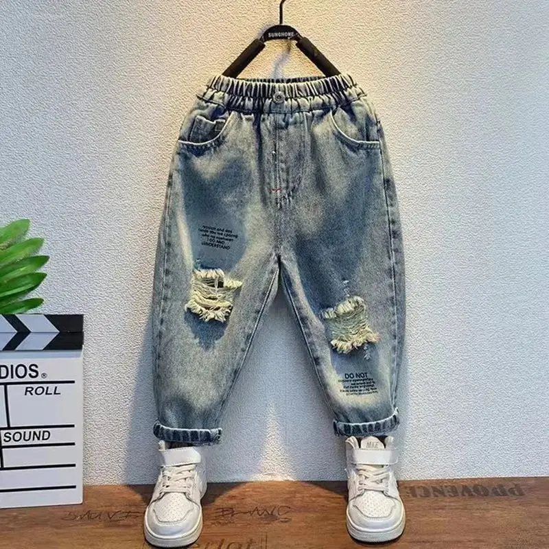 1-11 Years Boys Hole Jeans Kids Loose Elastic Waist Denim Pants for Boys Letter Harem Trousers Toddler Baby Pant 4 5 6 7 8 9 10