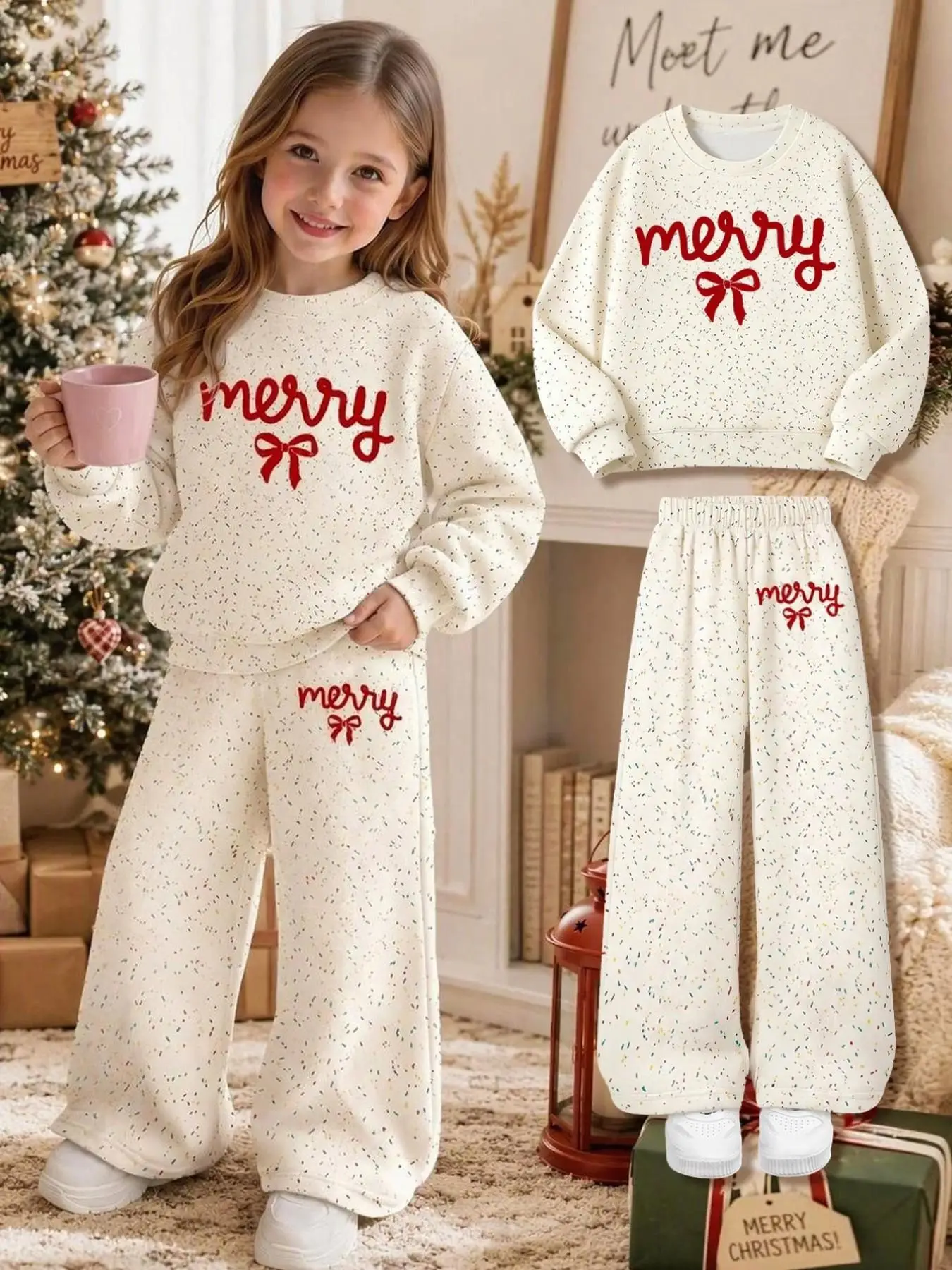 Girls' Autumn and Winter Casual Outfit: Apricot and Red Bowknot + Letter Print Round-Neck Top and Long Pants Two-Piece Set Suitable for Children over 3 Years Old, Christmas Clothing