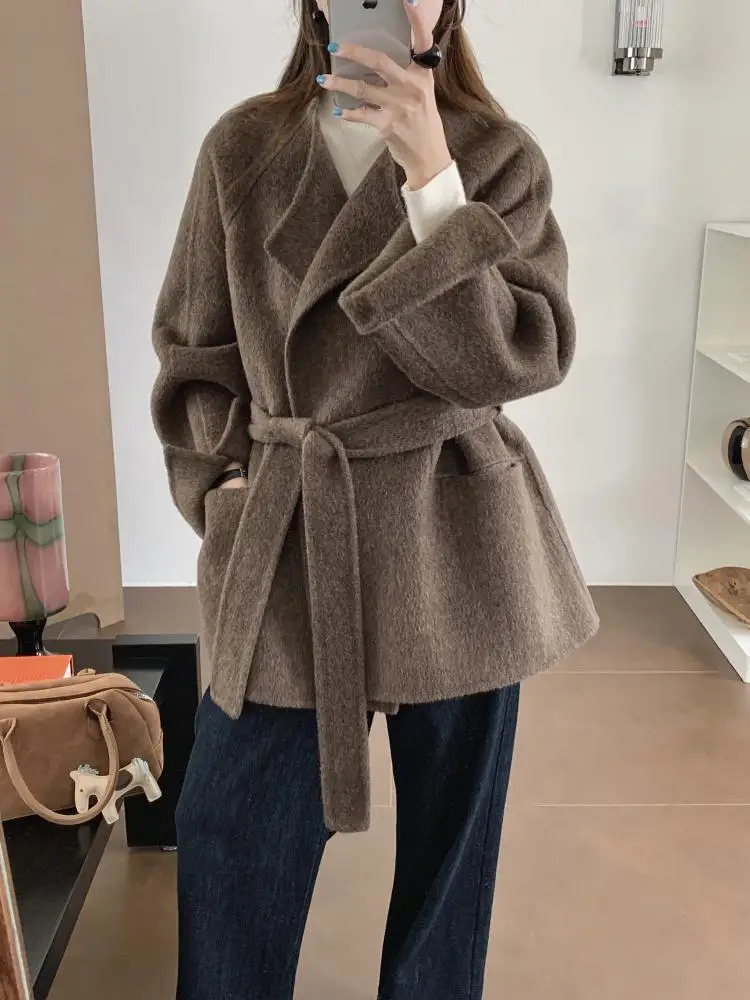 Office Lady Camel Hair Woolen Jackets 2024 Autumn And Winter O-Neck Lace-Up Tie Loose Short Women's Wool Coats Outerwear