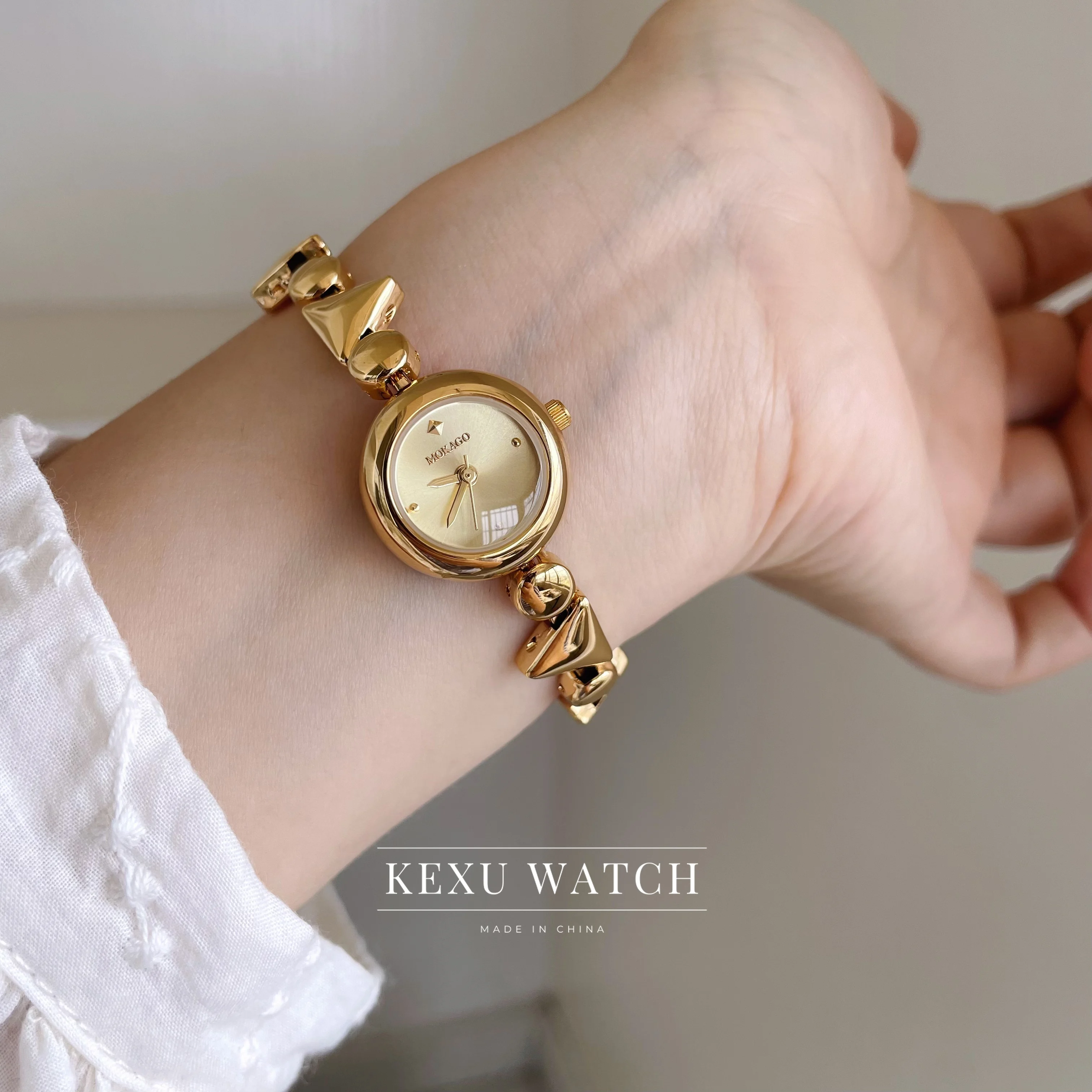 Mokago Watch Elegant Golden Round Face Quartz Wristwatch for Women, Dainty Geometrical Shape Bracelet Ladies Watch