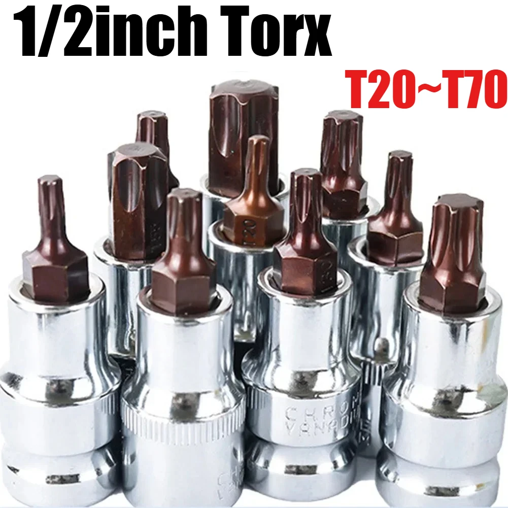 Punta de destornillador Torx de 1/2 pulgada, llaves de vaso Torx, llaves de acero aleado para versatilidad y compatibilidad, herramientas manuales T20-T70