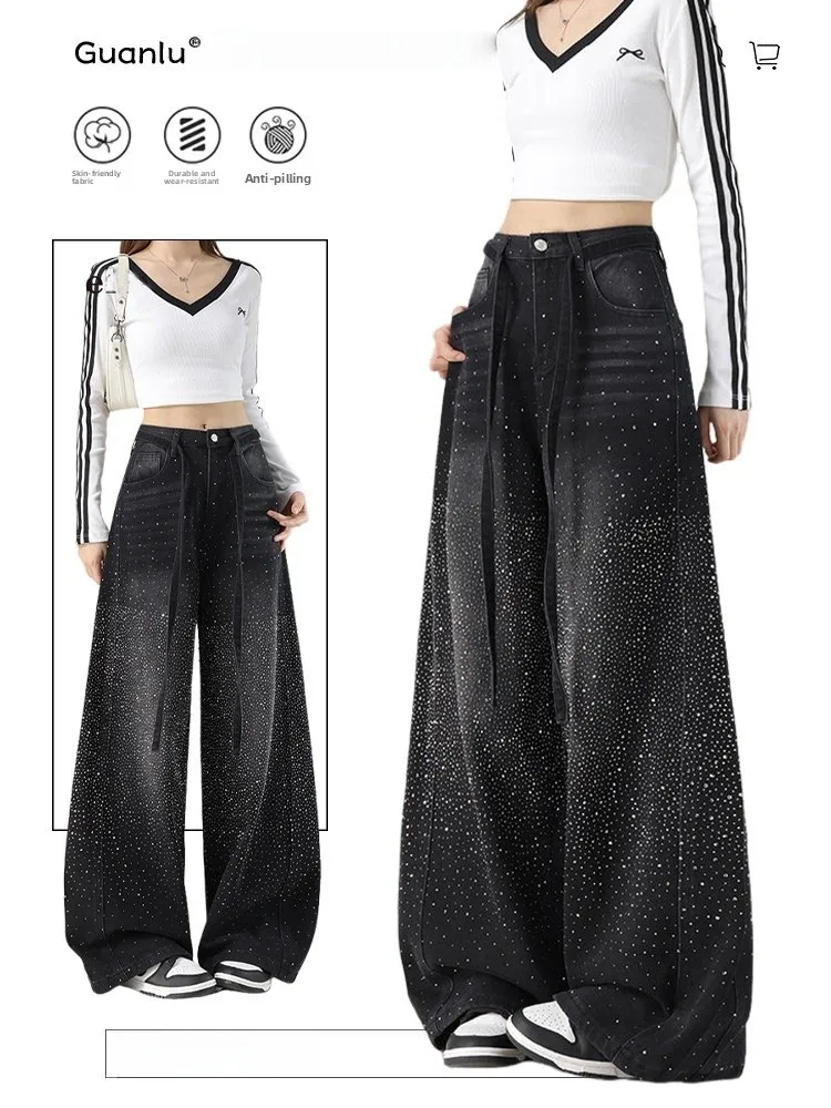 

Trendy Heavy Duty Wide Leg Denim Jeans Women's Spring Loose Belted Floor Length Pants Glittering High Waist with Pockets