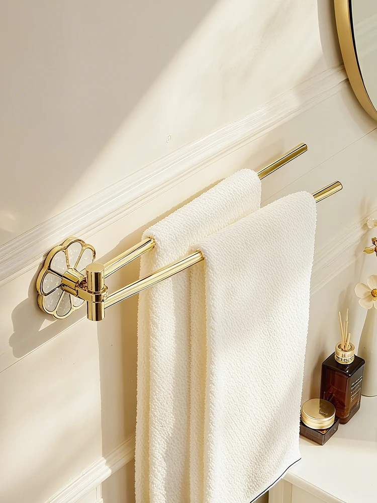 Towel rack non-punching wall hanging gold rotatable towel hanging double bar towel bar all copper