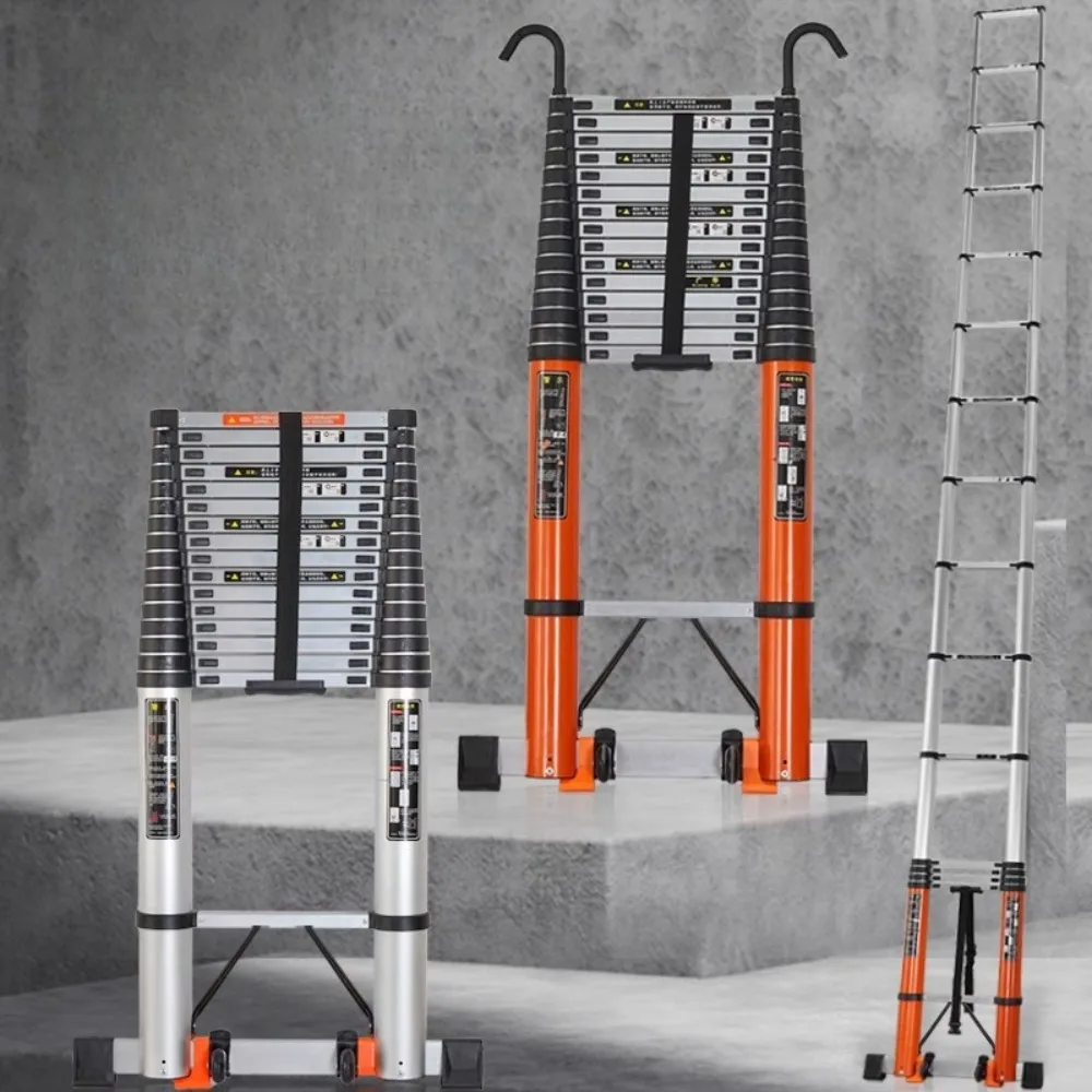 Escada portátil extra grossa e telescópica com gancho, escada longa e reta de bambu, escada de elevação de alumínio