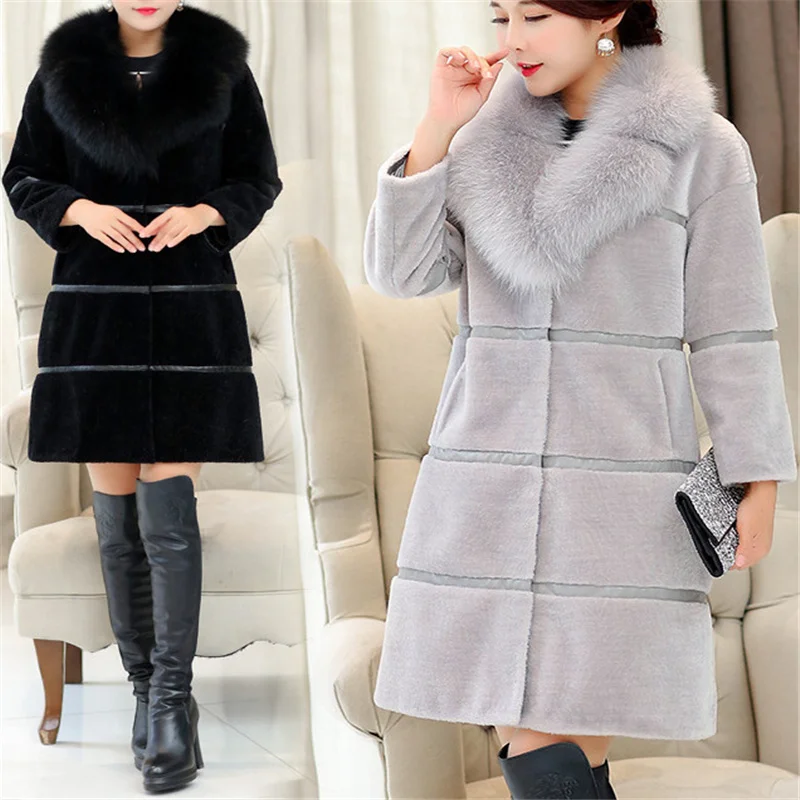 Winter New Slimming Faux Fur Coats Jackets  Women Winter Fur Thick Long Jacket New Fashion Lady Fake Fox Fur Collar Outerwear