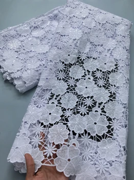 Tessuto di pizzo bianco solubile in acqua con paillettes Tessuto di pizzo guipure nigeriano africano per abiti da sposa da donna fai da te, 2,5 yard4197