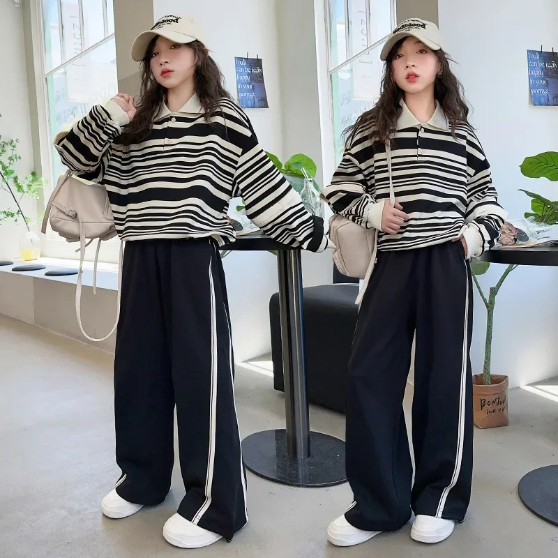 

Весенне-осенние детские комплекты для девочек 202, полосатый свитшот с длинными рукавами и лацканами для девочек-подростков + широкие брюки, спортивный костюм для девочек-подростков