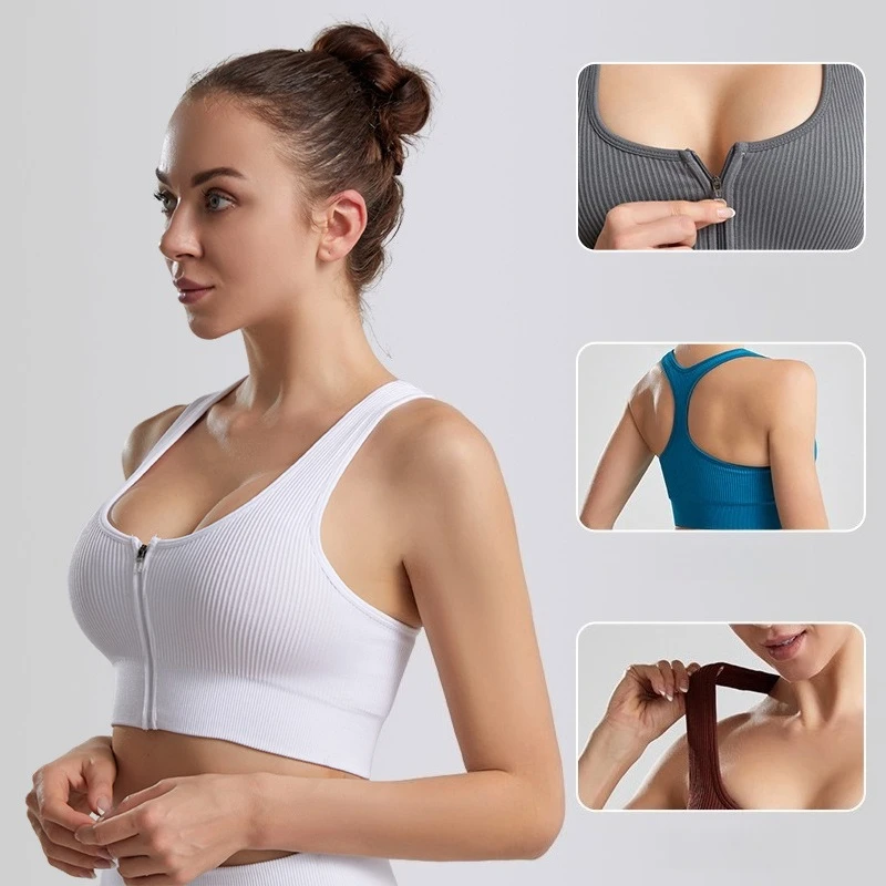 

2026 New Women's Threaded Solid Color Zipper Vest, High-strength Sports Gathering Bra, Women's Yoga Suit