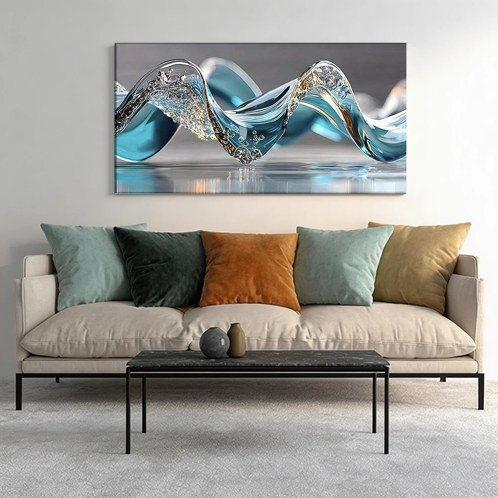 Impresión plana 2D, 1 pieza, pintura en lienzo de gran tamaño con ondas líquidas fluidas en tono azul, para decoración de pasillos y dormitorios