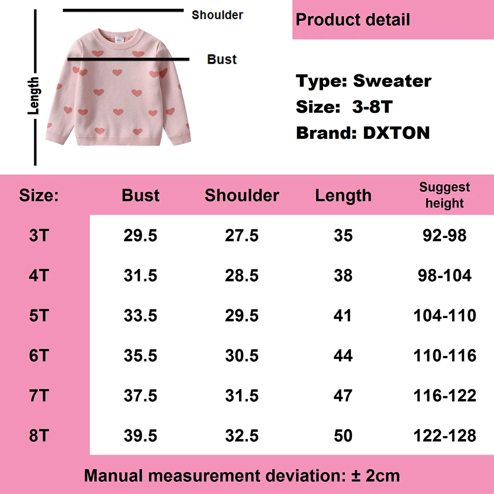 DXTON Winter Girls Clothing Knitted Kids Sweaters Heart Design Pullovers Children Winter Sweater Girls Tops Warm Outerwear 3-8Ys