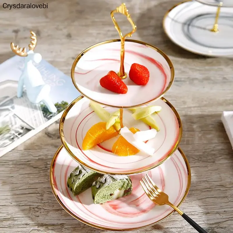 Exquisite 3 Layers European Ceramic Fruit Snack Tray Wedding Dessert Pastry Plate Marble Texture with Gold Trim Storage Tray