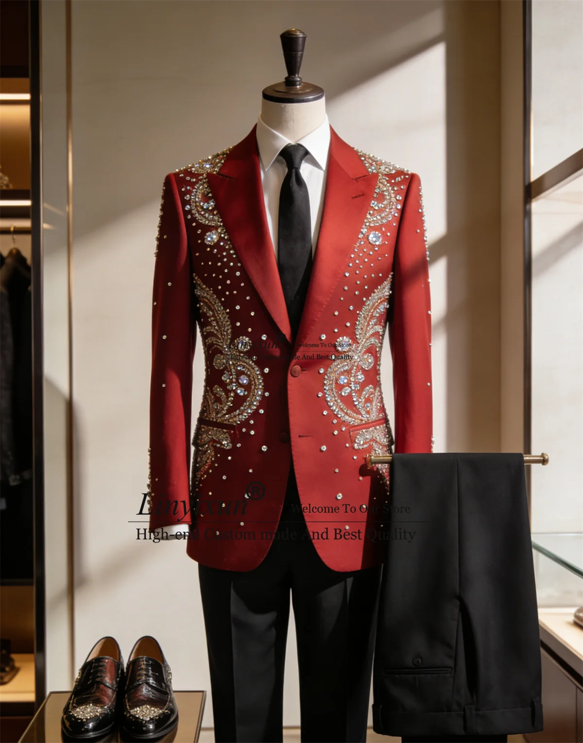 

Luxury Rhinestone Diamond Men Suits 2 Pieces Sets Groom Blazers Slim Fit Outfit Customized Party Wedding Tuxedos Costume Homme