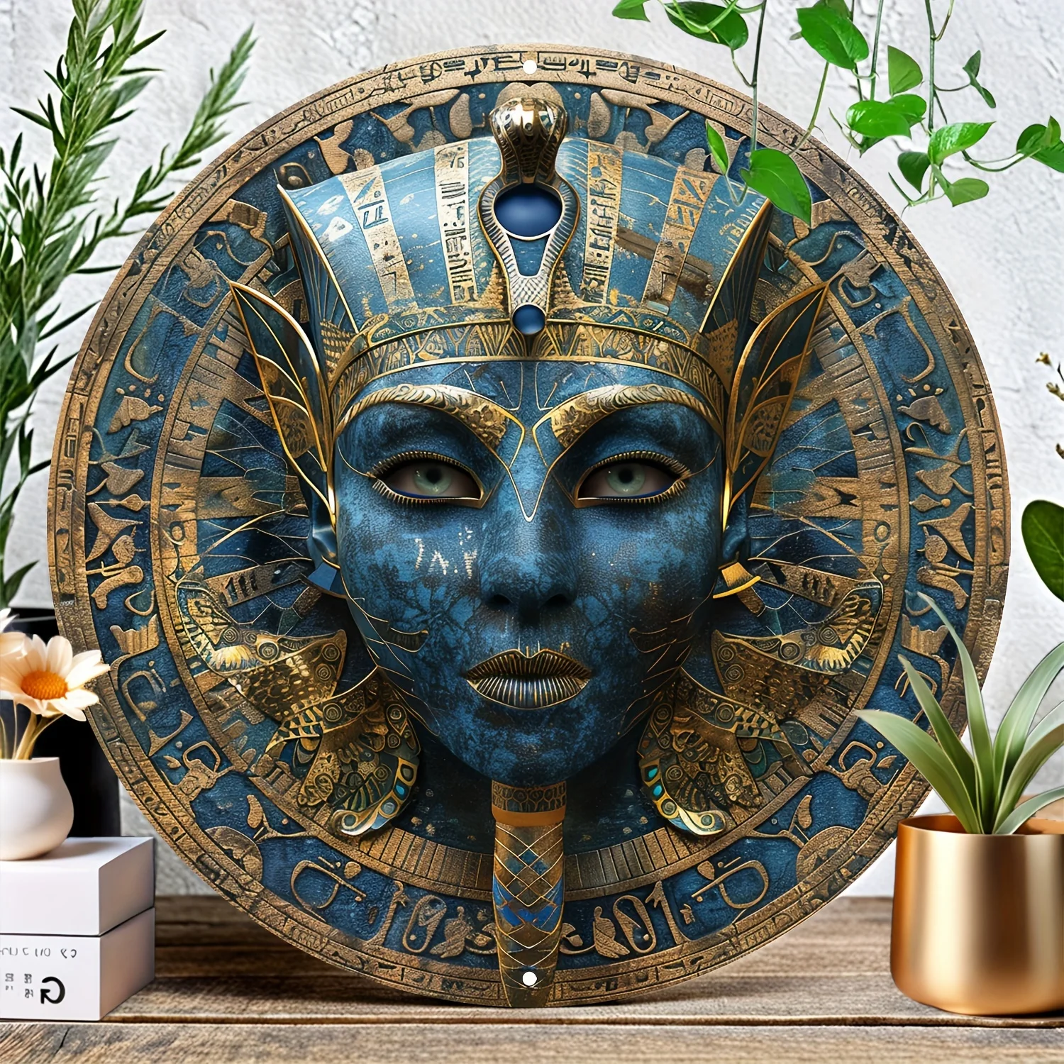 1pc Egyptian Pharaoh Mask Metal Wall Art, Round Aluminum Garland Decor, Home Gift, Bathroom Ornament, Garage Artwork