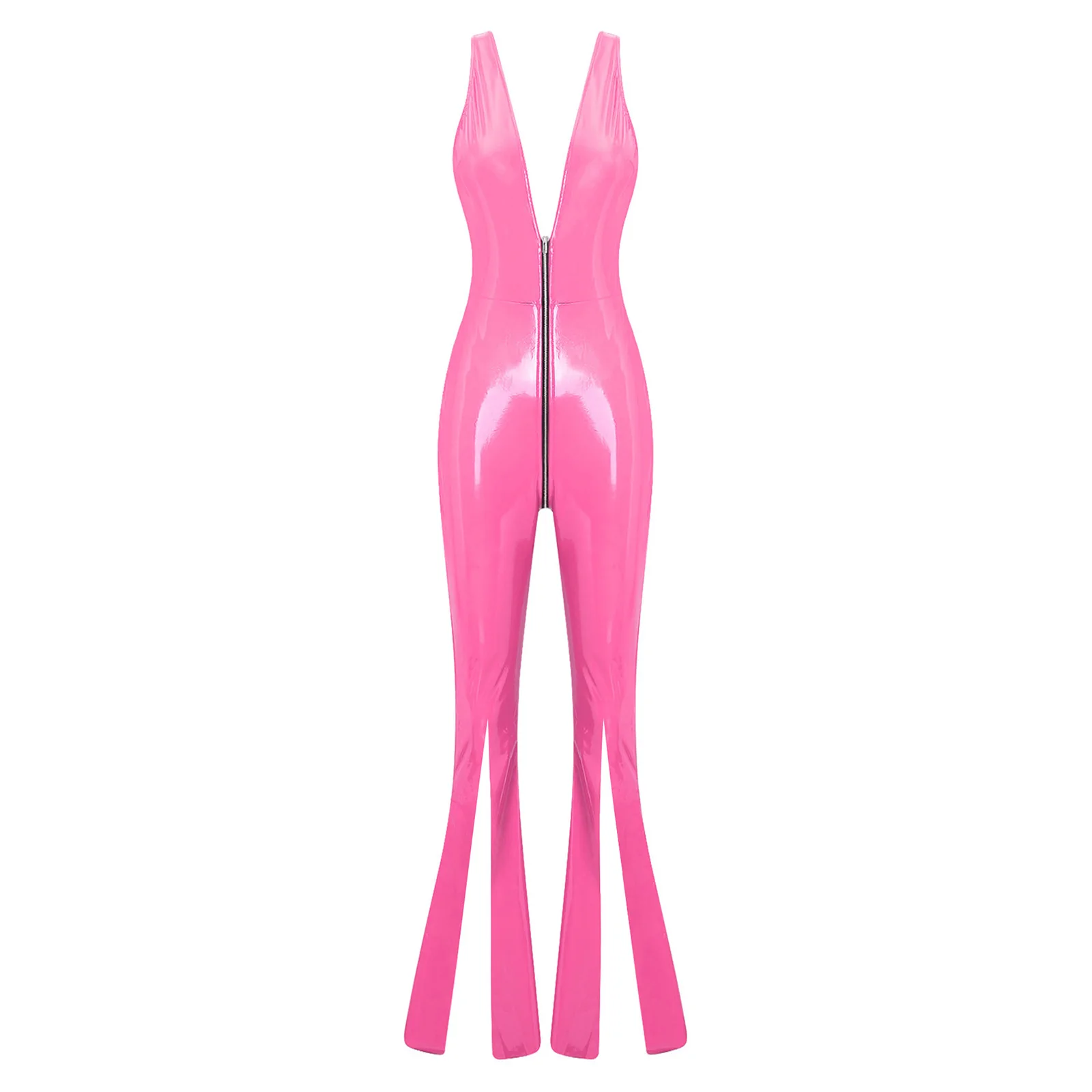 Womens Lingerie Latex Zipper Split Bell Bottoms Bodysuit V Neck Zipper Split Flare Hem Bodycon Flared Jumpsuit Rave Clubwear view 4