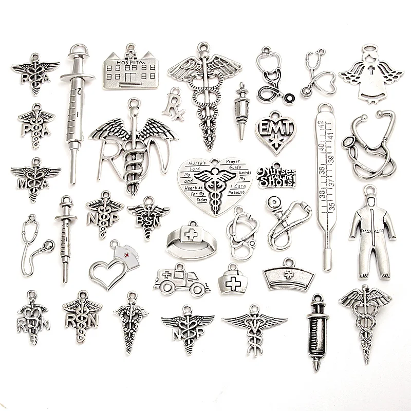 30pcs Random Mix Silver Color Medicine Hospital Syringe Charms Nurse Cap Ambulance Thermometer Pendant Jewelry Accessories