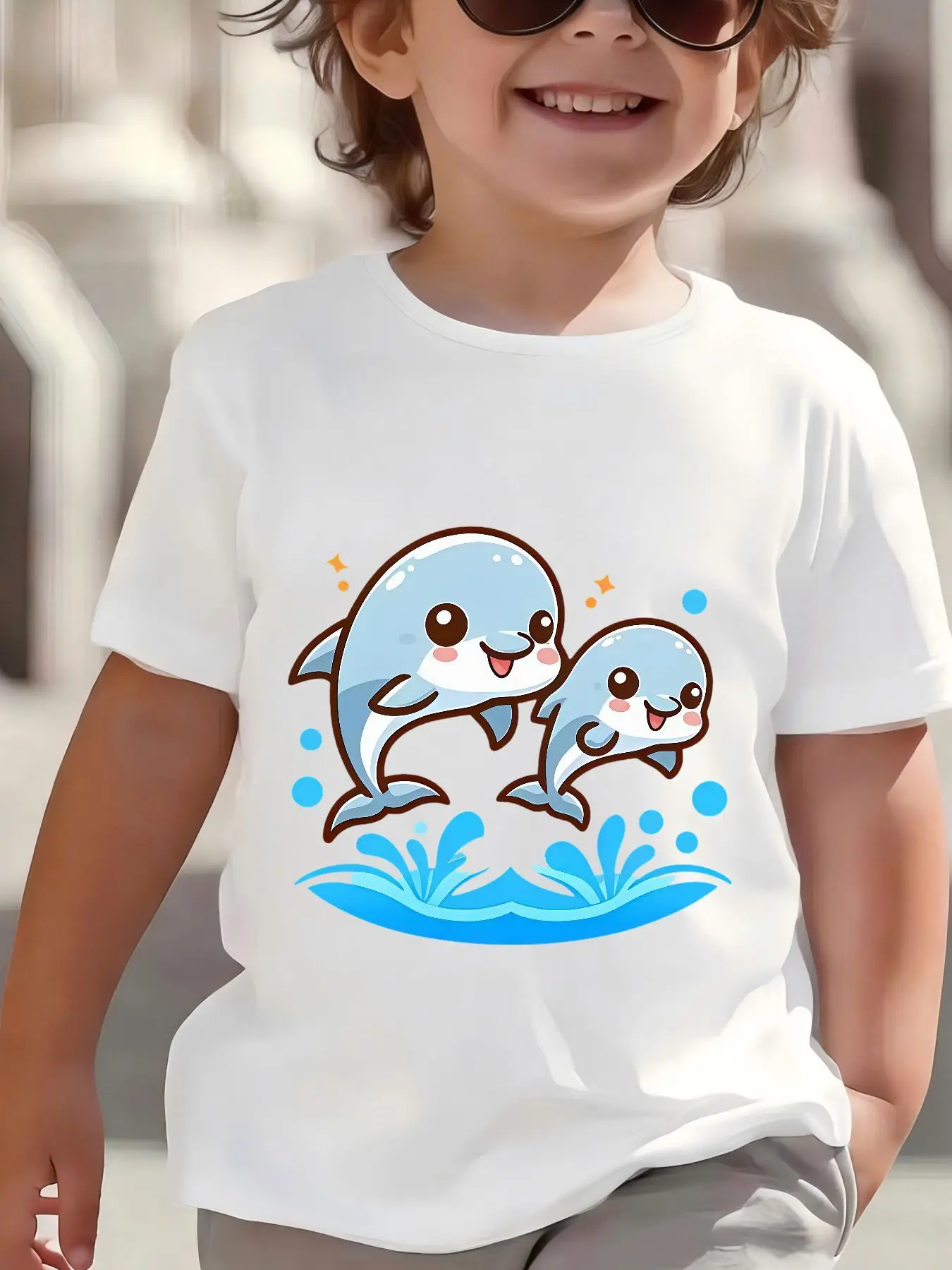 Kids Boys Girls Parent Child Matching Tee Cute Dolphin Sea Animal Print Short Sleeve Crew Neck Soft Casual Daily Party Wear Tee