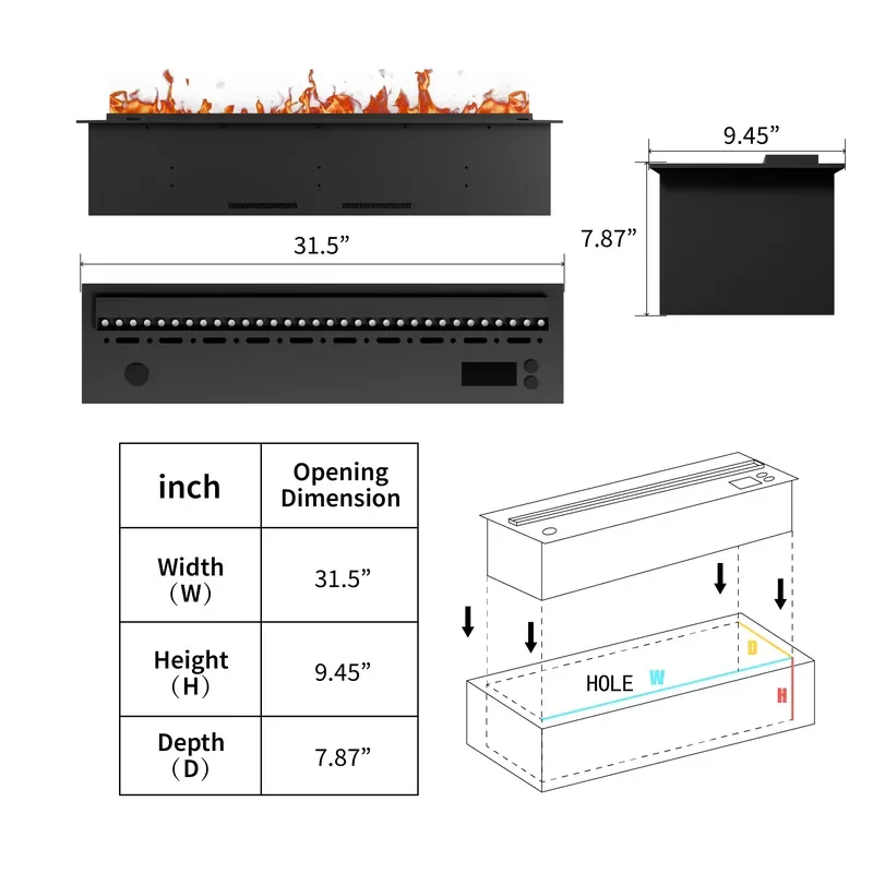 80cm Modern Electric Fireplace Insert 3D Water Flame LED Wood Stove Remote Control Indoor Heating for Living Room Villa