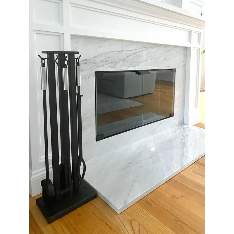 Home and Hearth 18039 ชุดเครื่องมือเตาผิงร่วมสมัย, 32" H, 22 Lb, สีดําด้านพร้อมที่จับเหล็กขัดเงา