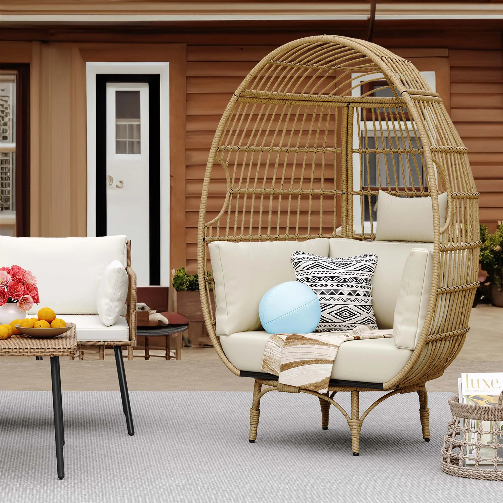 360° Swivel Oversized Outdoor Rattan Egg Swivel Chair Patio Indoor Large Wicker Lounger Soft Cushions