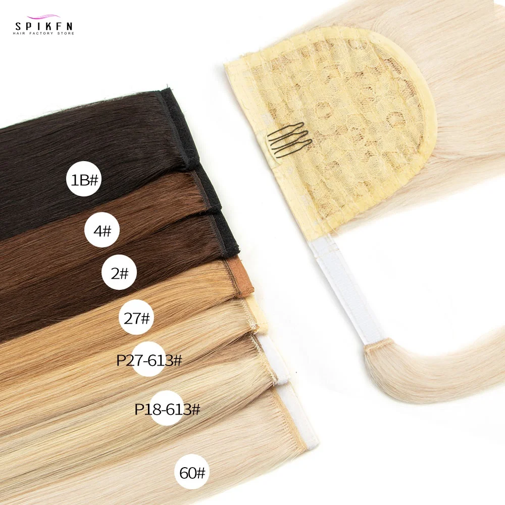 SPIKFN 人毛ポニーテールエクステンションストレート「14-22」リアルナチュラルブラジリアンダークブラウンレミーラップクリップ人毛エクステンション