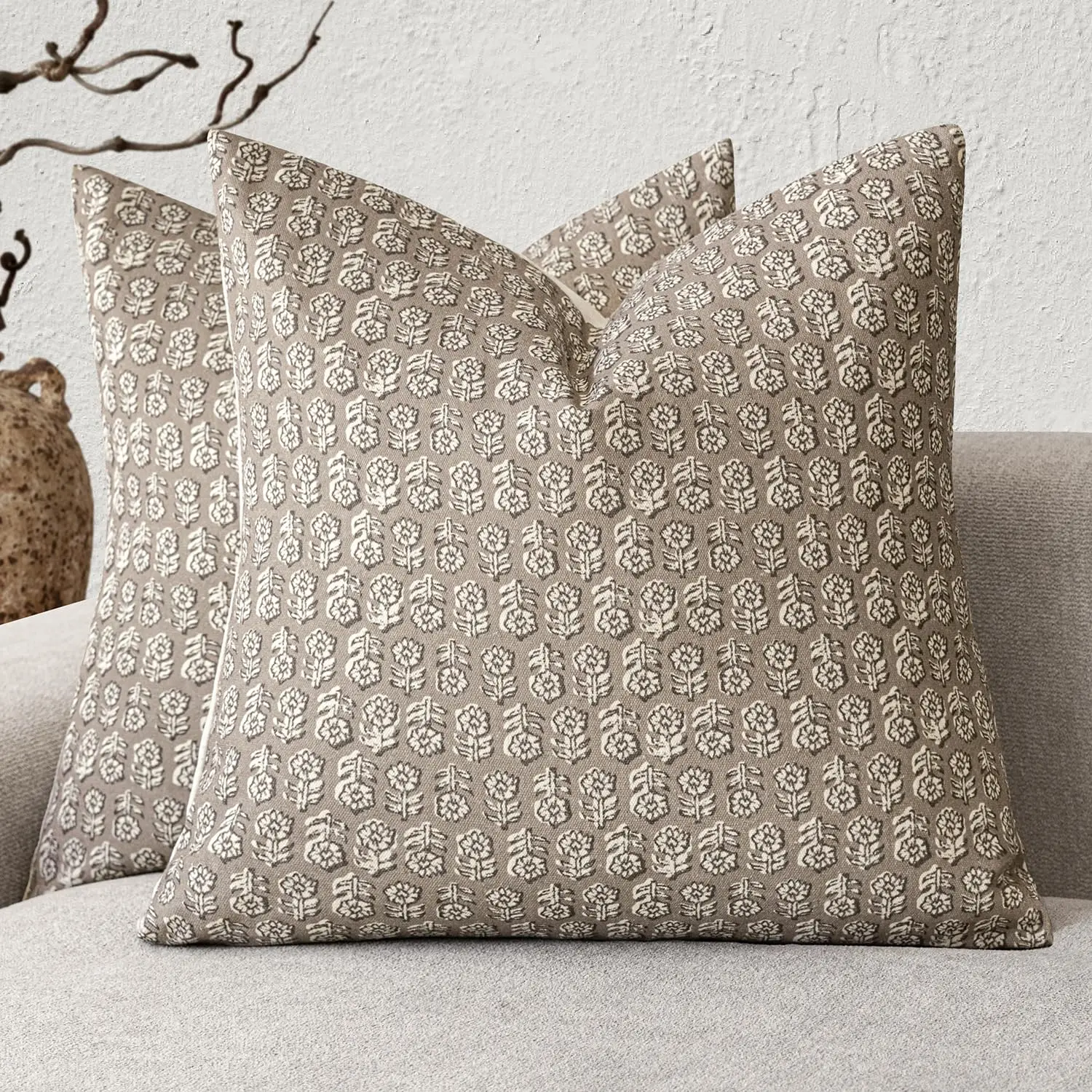 Set of 2 Decorative Neutral Floral Print Throw Pillow Covers Vintage Accent Farmhouse Cushion Covers Boho Home Decor for Couch