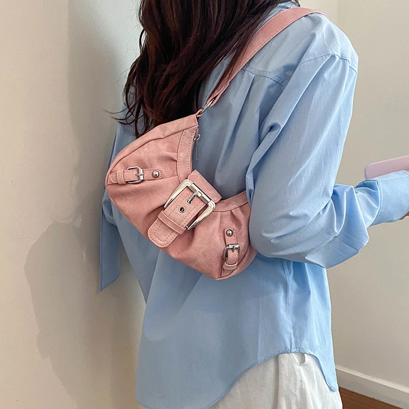 Women Y2K Vintage Hobo Shoulder Bag Faded Denim Look Buckle Design Underarm Bag Retro Punk Casual Handbag For Daily Commute