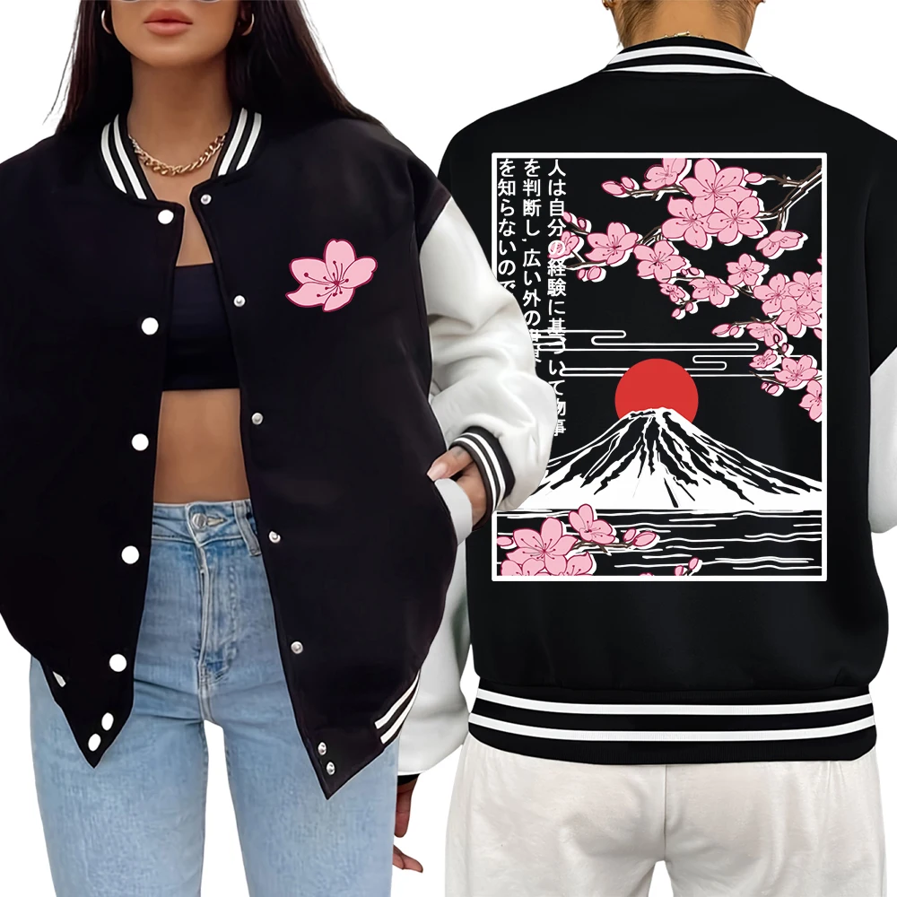 

Куртки с принтом Mount Fuji & Cherry Blossoms, женские свободные бейсбольные майки в стиле хип-хоп, модная повседневная куртка унисекс, мягкая жилетка большого размера