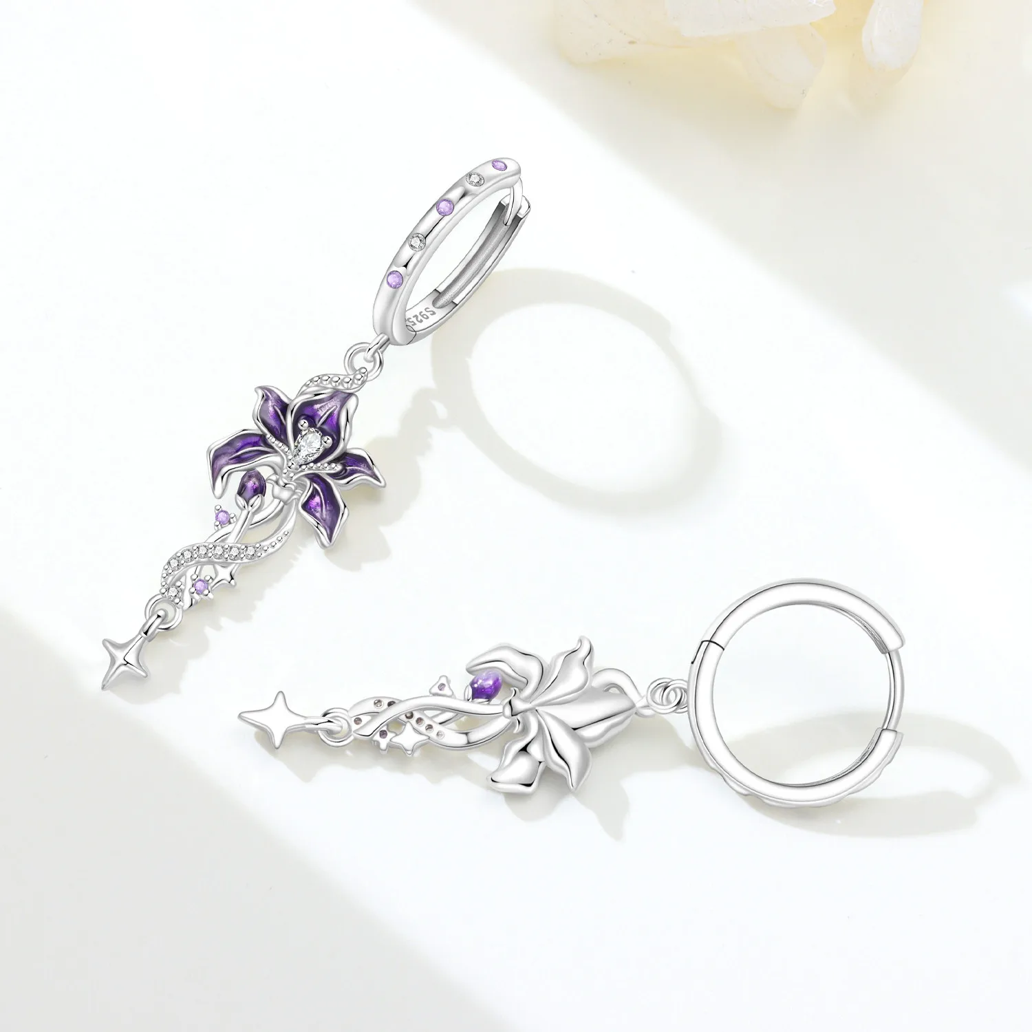 925 Sterling Silber Blumen-Ohrringe, exquisite blaue und violette Iris-Blumen-Ohrringe, modischer Ohrschmuck, Geschenk für Mädchen – Detail 2