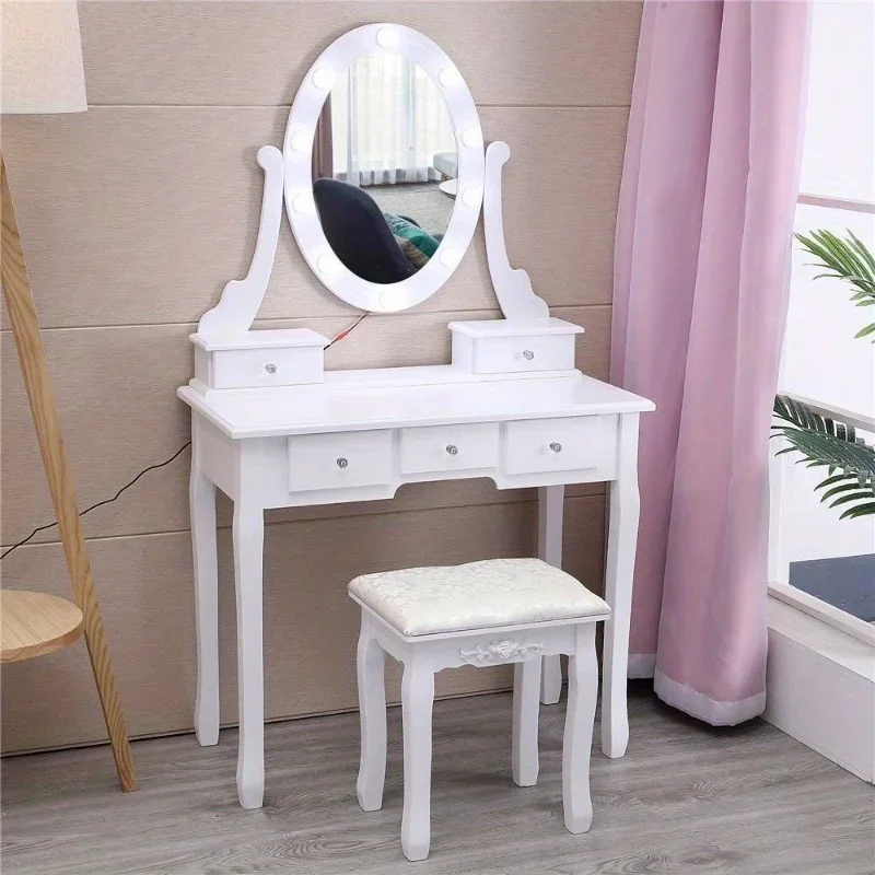 Beautiful 10 Led Mirror Vanity Makeup Dressing Table Vanity Set Woman Bedroom Dresser Desk