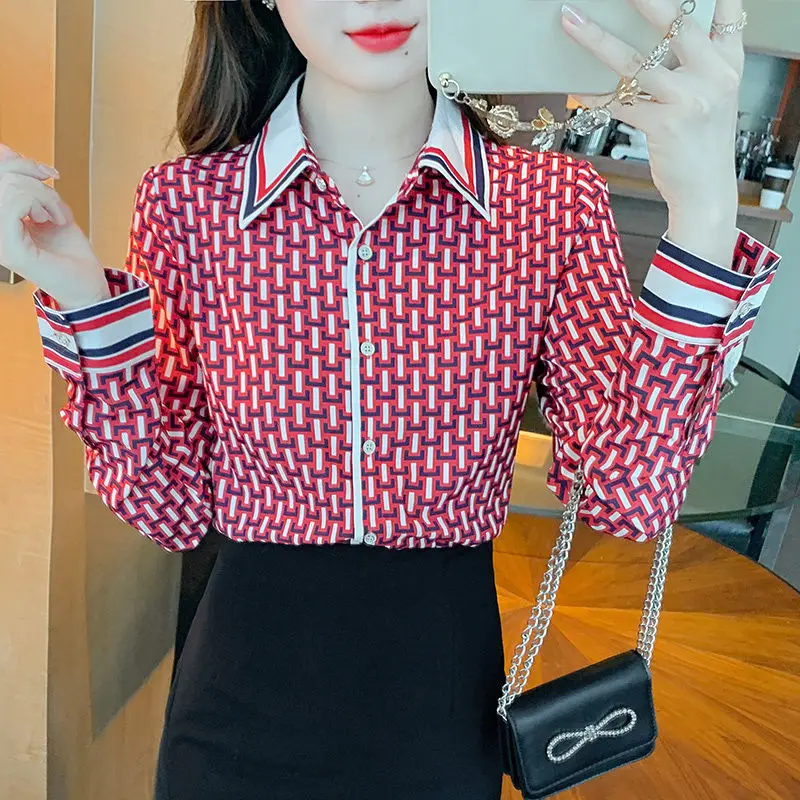 Camisa ajustada Harajuku para mujer, Tops de manga larga con estampado de celosía con botones, ropa informal holgada que combina con todo, moda elegante