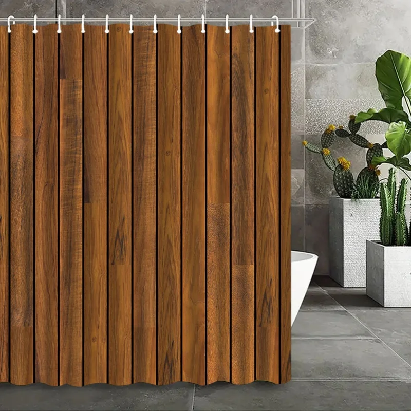1pc Light Luxury Wood Grain Splicing Pattern Shower Curtain with Hook, Washable Shower Curtain, Bathroom Partition, Bathroom Add