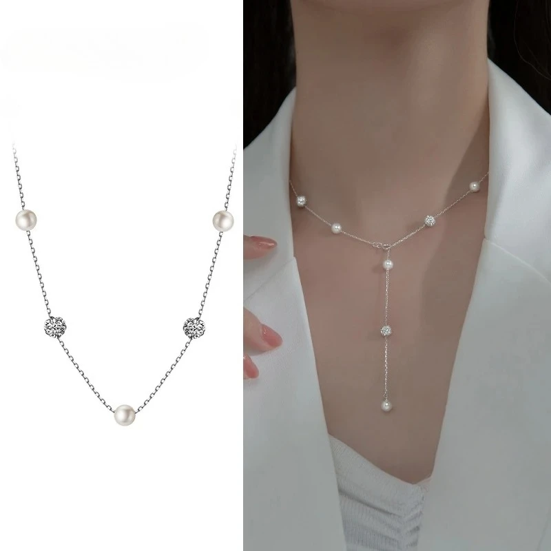 INZATT Real 925 Sterling Silver Geometric Round Zircon Pearl Choker Necklace For Women Cute Fine Jewelry Minimalist Accessories