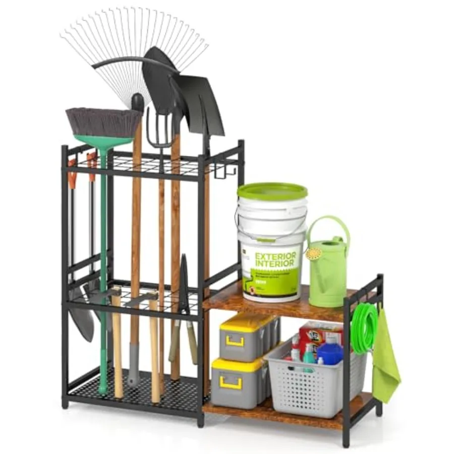 

Garage Tool Organizer with 2-tier Wooden Shelves Yard Tool Organizer for Garage with 6 Hooks Heavy duty Steel Garden Tool Rack